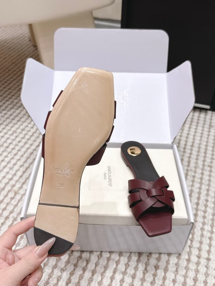 Saint Laurent Melody Square Toe Flat Sandals – 2026SS in Burgundy Patent