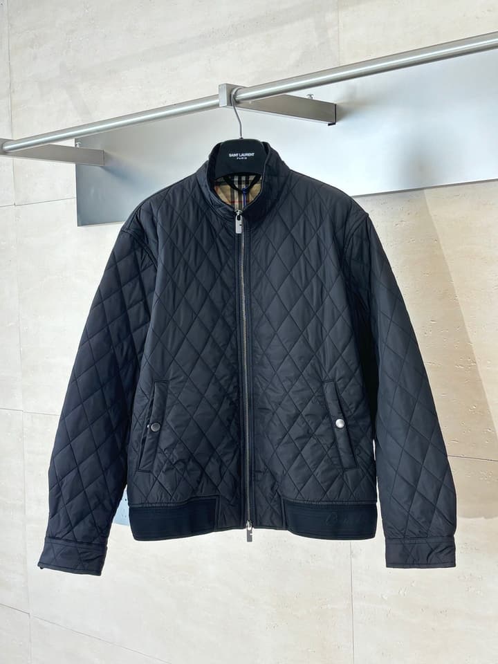 Burberry Diamond Quilted Stand Collar Nylon Jacket in Black