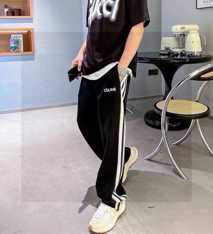 Celine Side-Striped Logo Drawstring Pants – 23SS in Black With White Side Stripes