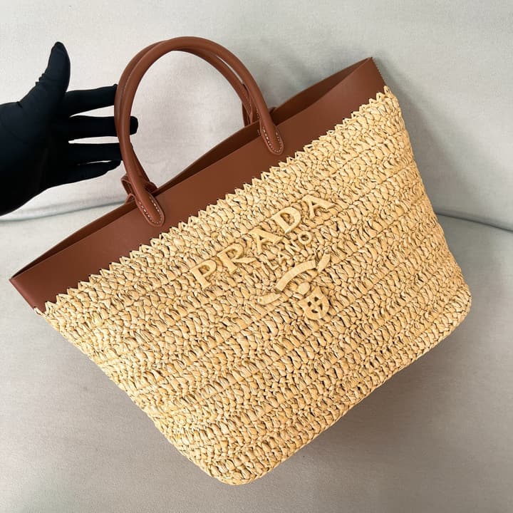 Prada Raffia and Calfskin Tote Bag – Summer Collection in Natural Raffia With Cognac Leather