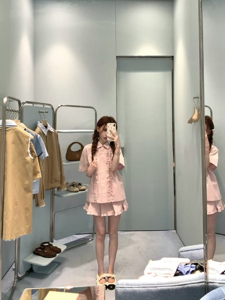 Miu Miu Embroidered Ruffle Shirt and Pleated Skort Set in Pink