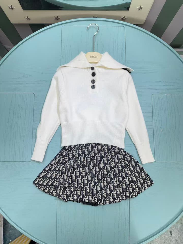 Dior Girl's Knitted Jacket and Skirt Set – Kids Collection – 2025SS in White Sailor Knit & Monogram Skirt Set