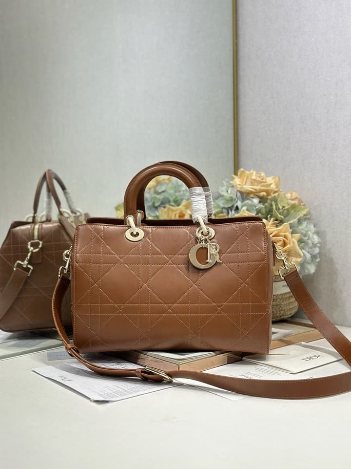 Dior Lady Dior Large Tote Bag in Dark Cognac With Gold Hardware