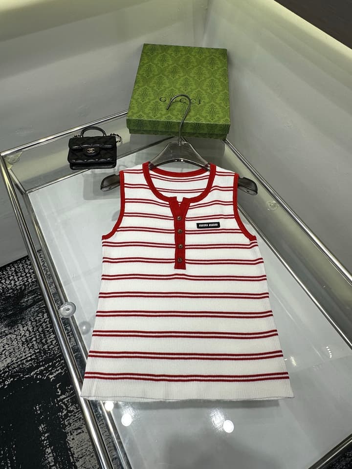 Miu Miu Striped Buttoned Slim-Fit Tank Top in Coffee