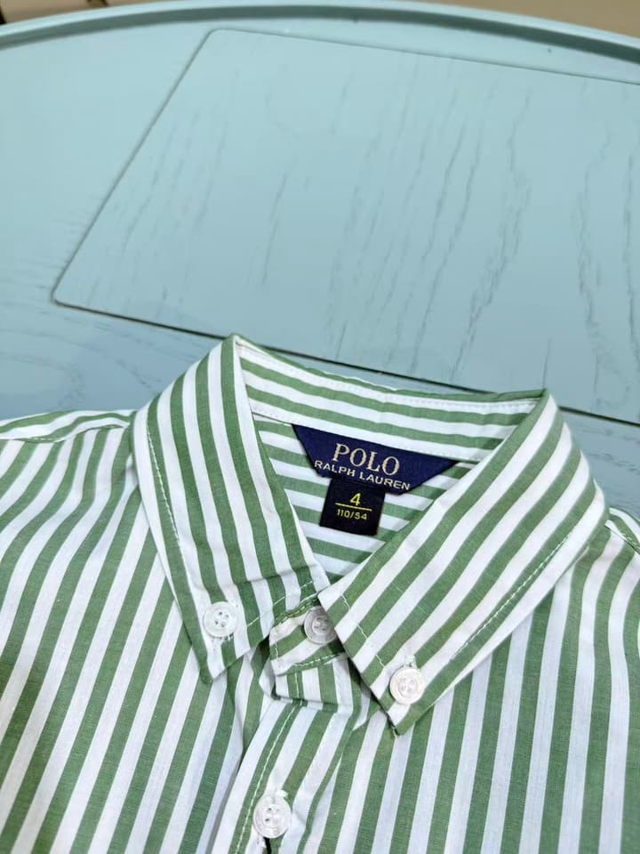 Ralph Lauren Classic Embroidered Logo Shirt – Kids Collection – 2025SS in White And Sage Green Stripe