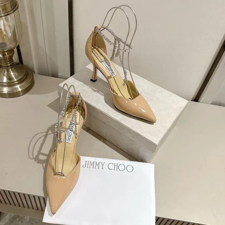 Jimmy Choo Rhinestone Cross-Strap Kitten Heels – 2025 Spring/Summer Collection in Nude Patent Leather