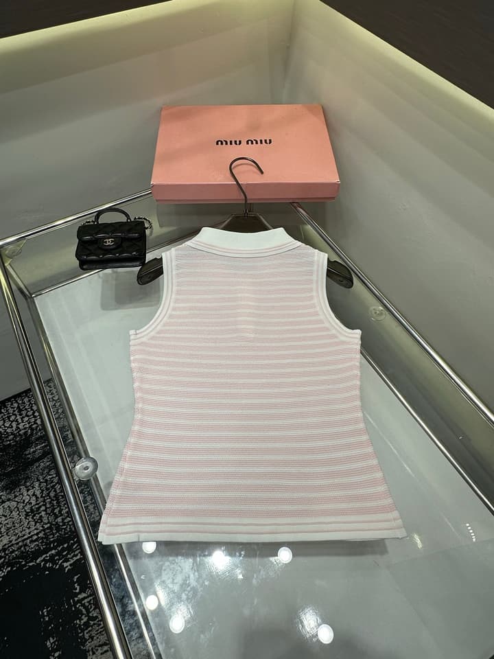 Miu Miu Striped Polo Collar Knit Vest in Pink