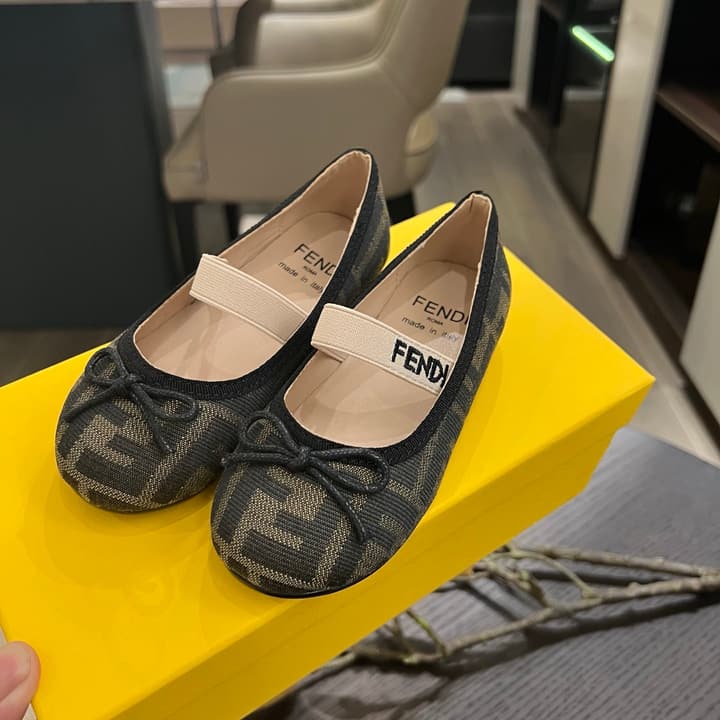 Fendi Girl's Double F Ballerina Flats – Kids Collection – 24SS in Black Monogram