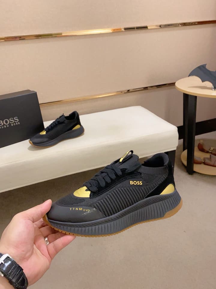 Boss Latest Casual Fly-Knit Sneakers in Black With Gold Accents