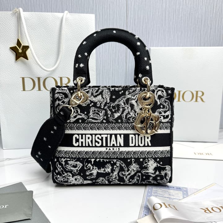 Dior Lady Dior 5-Grid Hand-Embroidered Handbag in Black Embroidered Toile