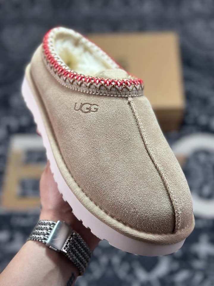 UGG Tazz Thin Sole Sheepskin Snow Boots in Black With White Patterned Trim