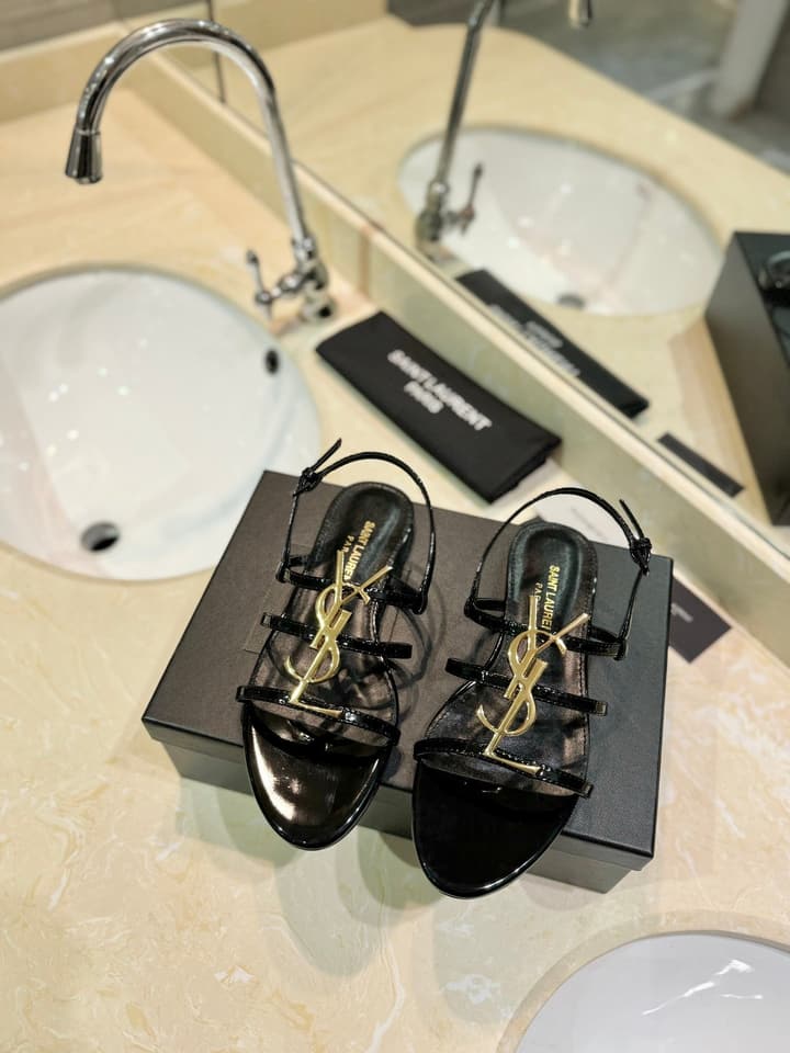 Saint Laurent YSL Metal Logo Heeled Sandals in Matte Black Criss-cross Strap Sandal