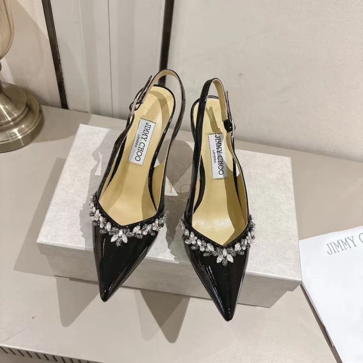 Jimmy Choo Pointed-Toe Crystal-Embellished Heeled Sandals – 2025 Summer in Black