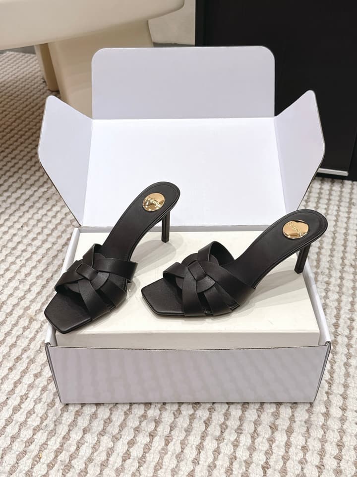 Saint Laurent Melody Square-Toe Heeled Sandals – 2026 Spring/Summer Collection in Beige Patent