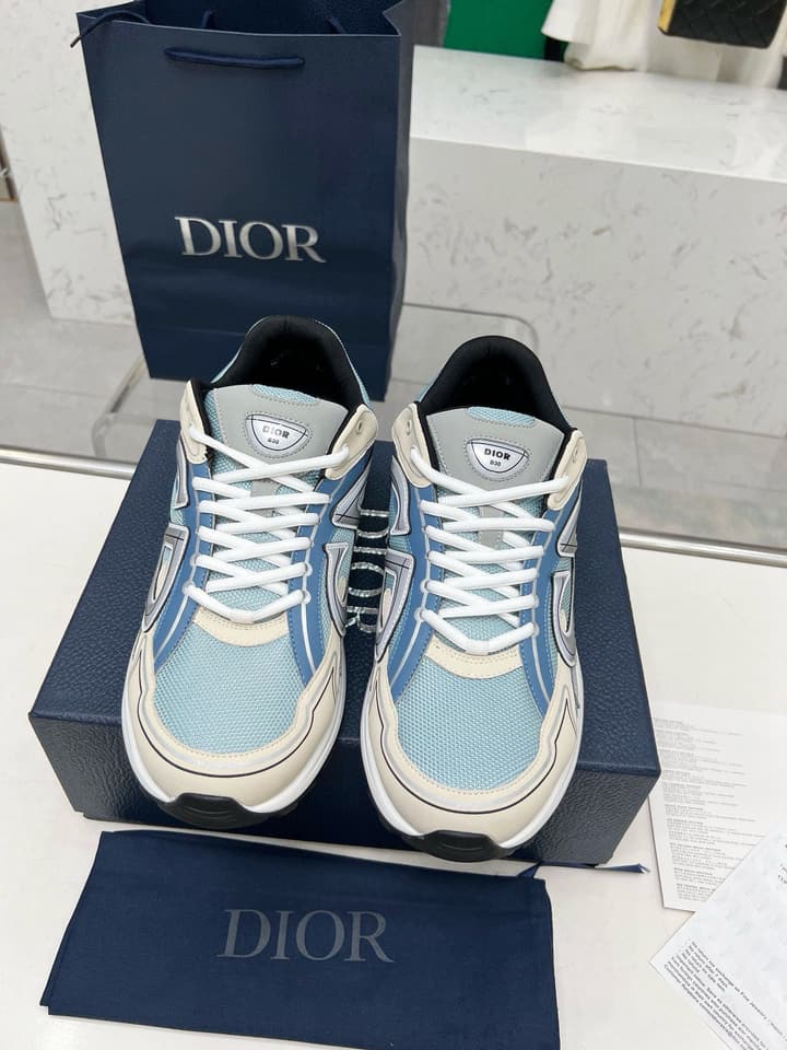 Dior B30 Unisex Mesh and Leather Sneakers in Navy Blue And Grey