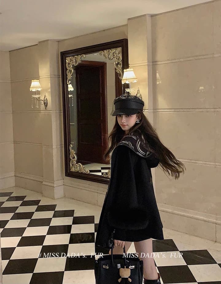 Hermès Old Money Detachable Faux Fur Sleeve Coat in Black With Patterned Reversible Side