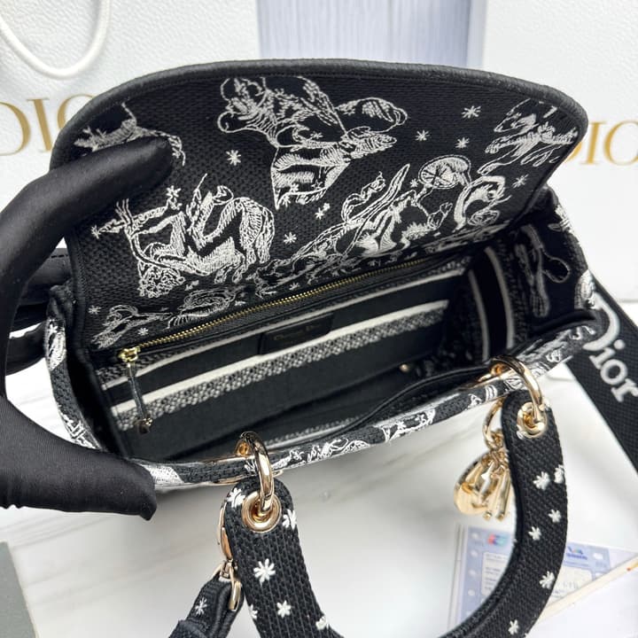 Dior Lady Dior 5-Grid Hand-Embroidered Handbag in Black Embroidered Toile