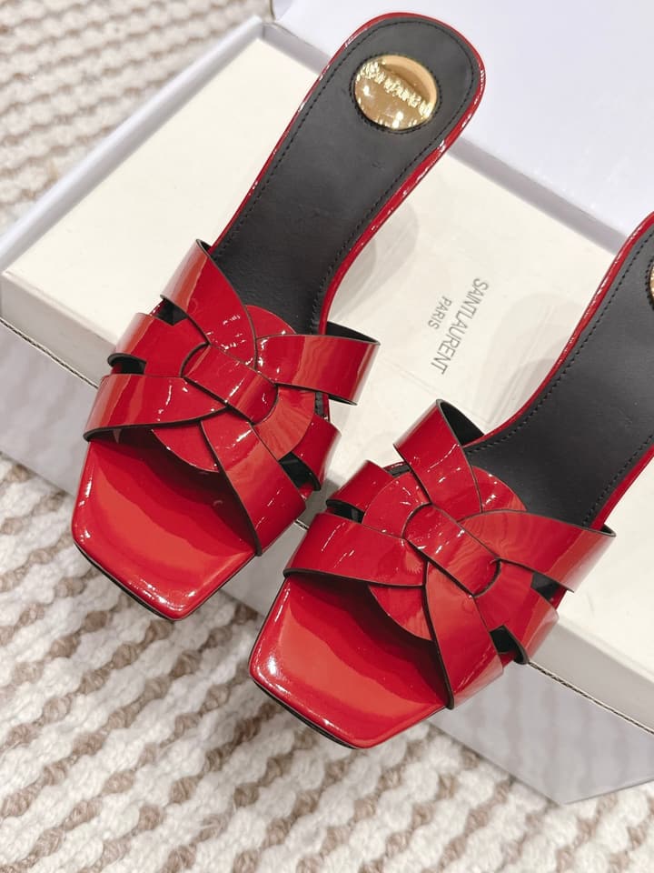 Saint Laurent Melody Square-Toe Heeled Sandals – 2026 Spring/Summer Collection in Beige Patent