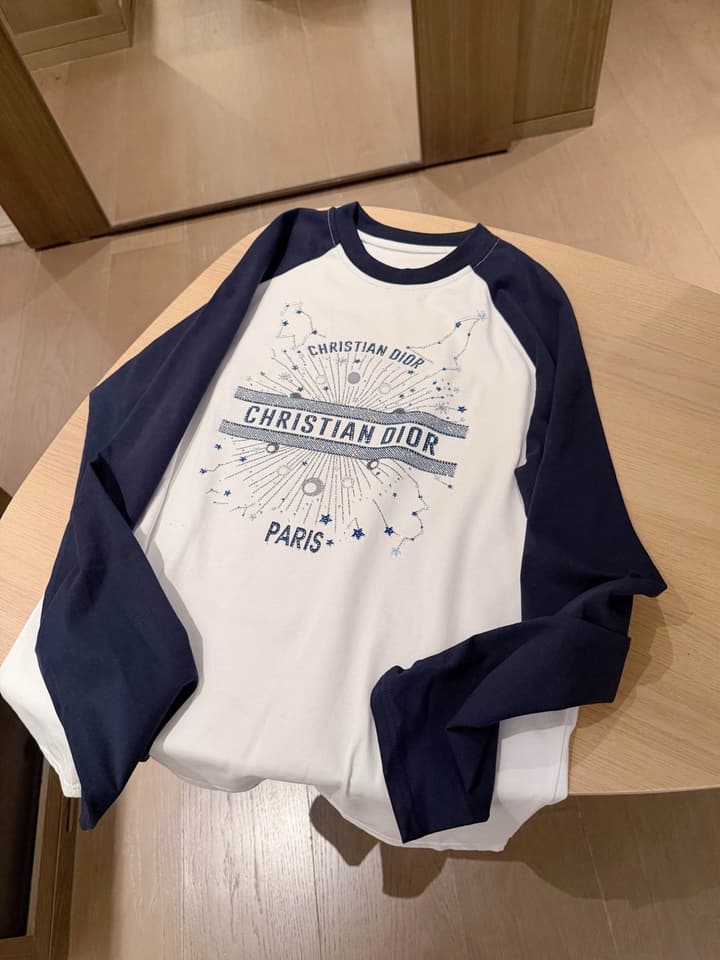 Dior Constellation Print Rhinestone Raglan T-Shirt in White With Navy Blue Sleeves