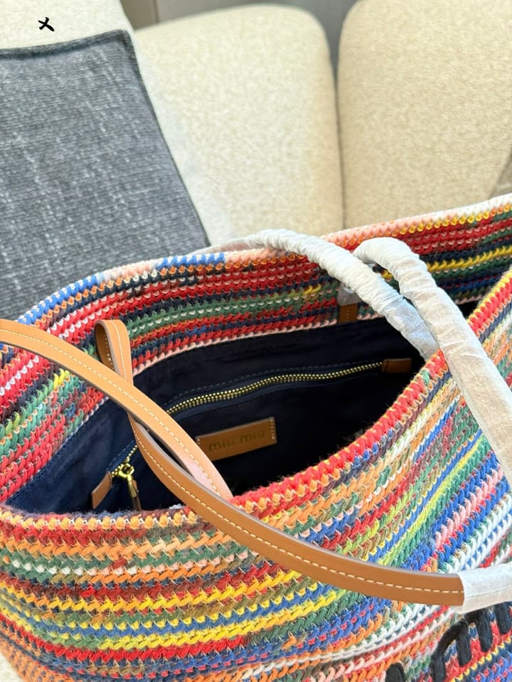 Miu Miu Rainbow Knit Crochet Tote Bag in Multi-Color Rainbow Knit