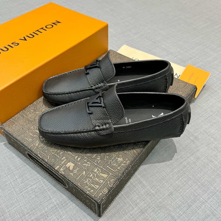 Louis Vuitton Men's Grained Leather Driving Shoes in Dark Gunmetal Hardware