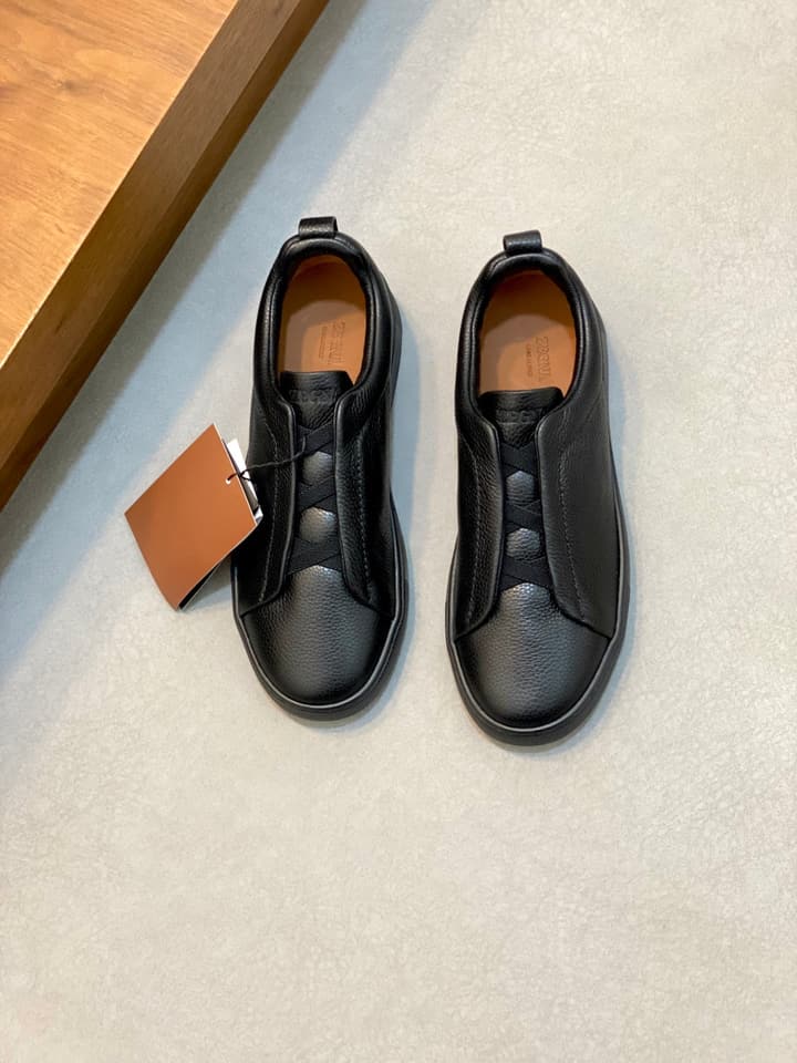 Ermenegildo Zegna Triple Stitch Sneakers in Black Leather With Brown Tag