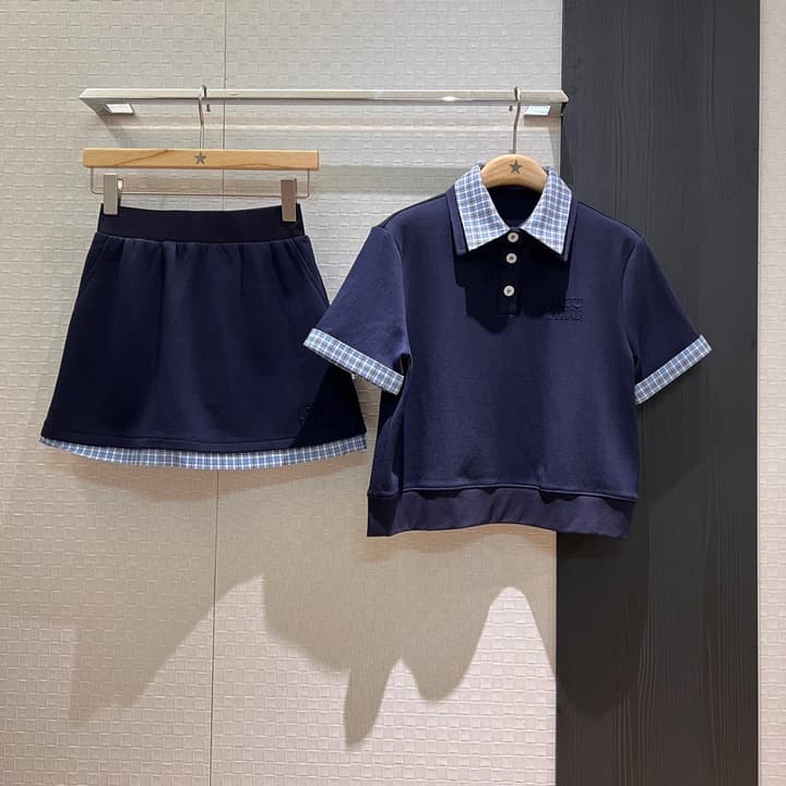 Miu Miu Plaid Polo Skirt Set in Blue