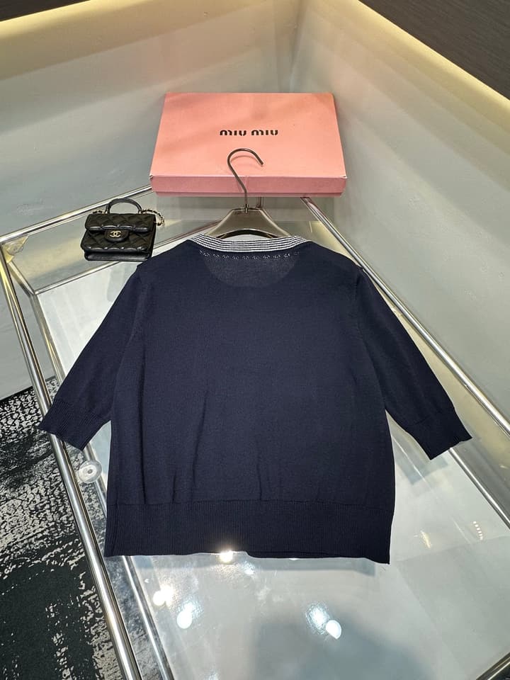 Miu Miu Letter Jacquard Knit Short-Sleeve Cardigan in Navy Blue