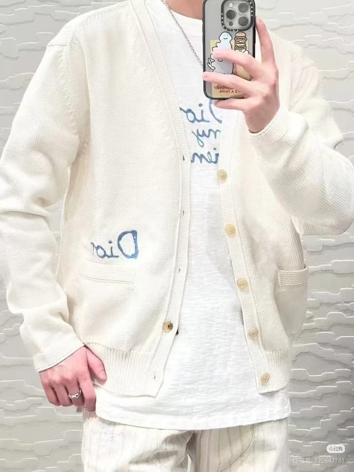Dior CD Letter Embroidered Knit Cardigan – 2025 Fall in Cream Beige