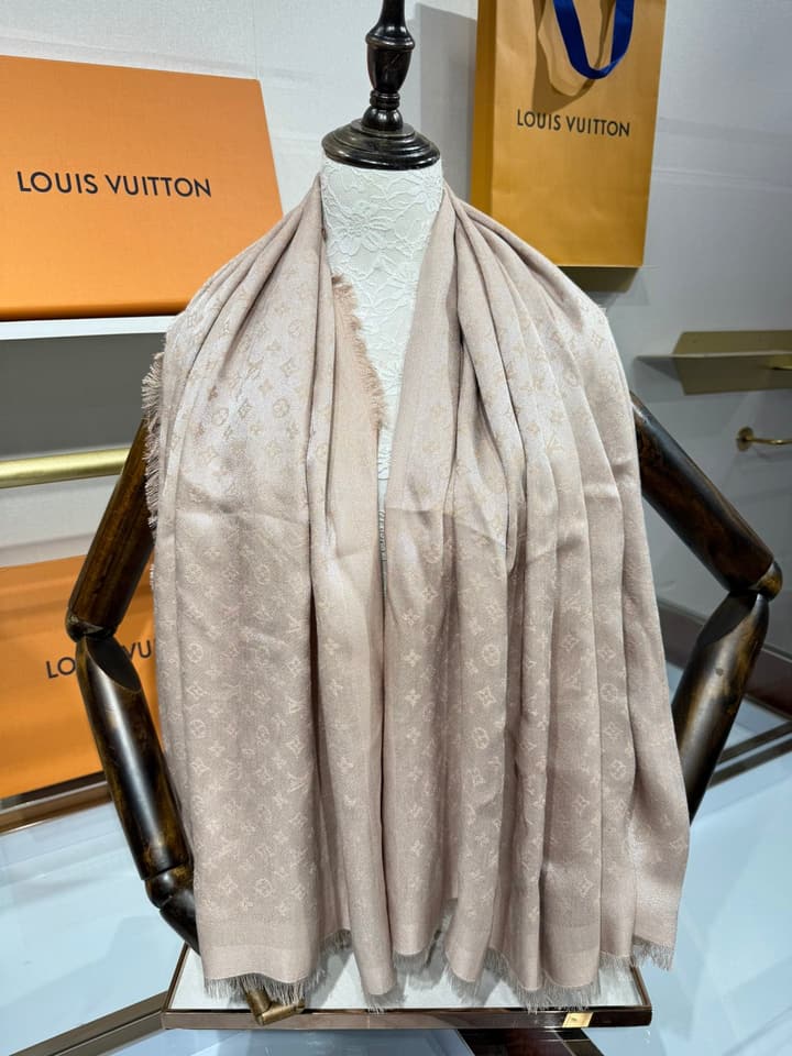 Louis Vuitton Classic Monogram Silk Wool Shawl in Beige