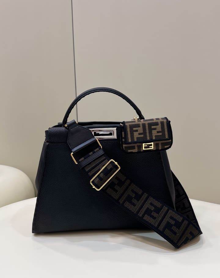 Fendi Classic Peekaboo Handbag in Classic Black With Patterned Strap