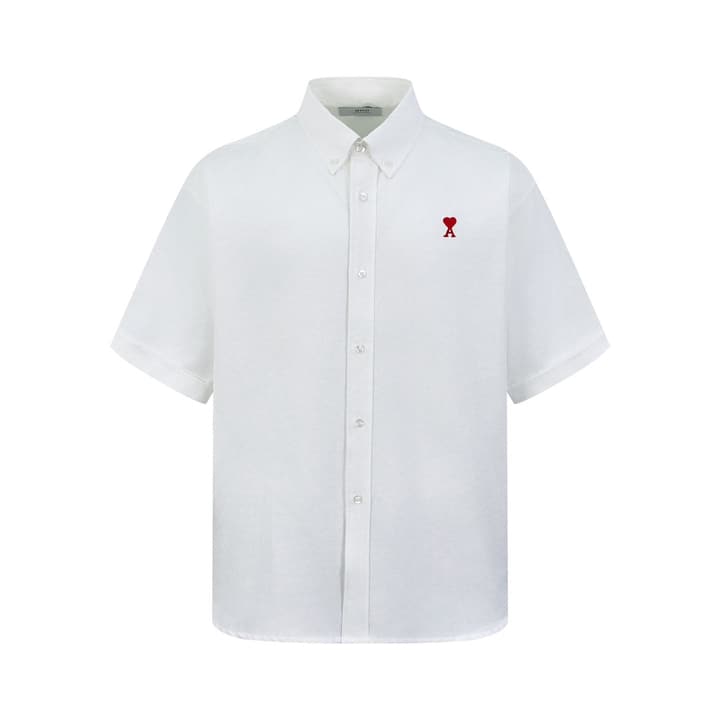Ami Paris Heart Embroidered Boxy Oxford Shirt in White With Red Heart