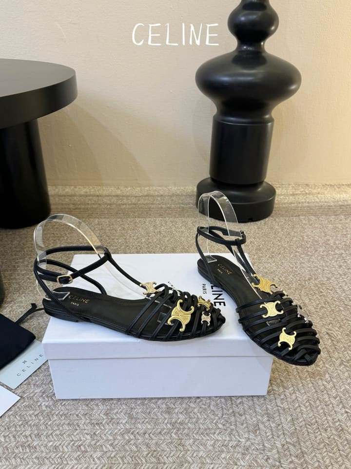 Celine Triomphe Ankle Strap Sandals – Spring/Summer Collection in Black - Large Logo Flats