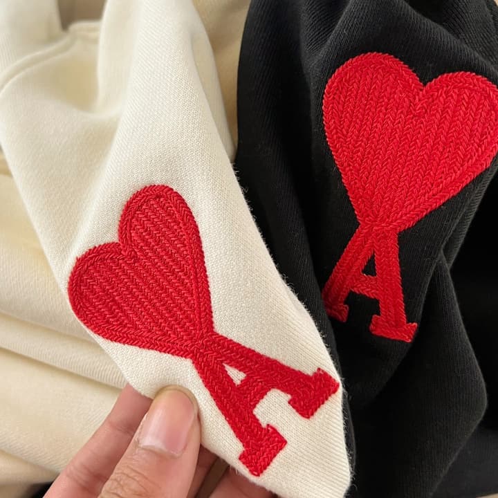 Ami Paris Ami De Coeur Heart Embroidery Hoodie in Beige
