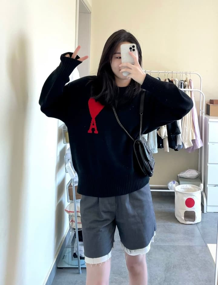 AMI Paris Heart Letter Knitted Sweater in Black With Red Heart