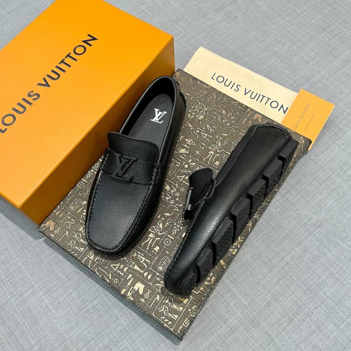 Louis Vuitton Men's Grained Leather Driving Shoes in Dark Gunmetal Hardware