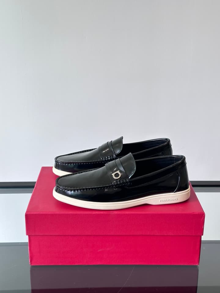 Ferragamo Men's Imported Calfskin Driving Shoes in Classic Black Leather
