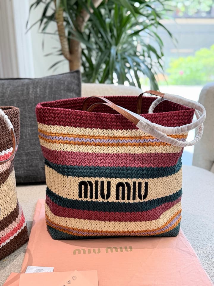 Miu Miu Knit Woven Large Tote Bag in Burgundy Multi-Color Striped