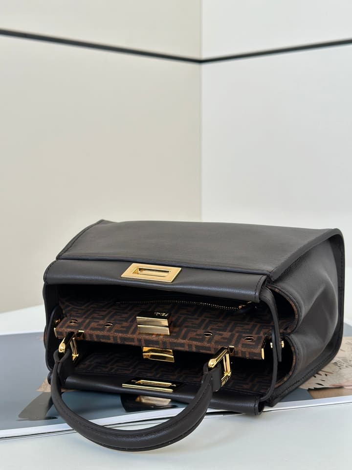 Fendi Peekaboo Classic Calfskin Satchel in Dark Coffee Brown Leather