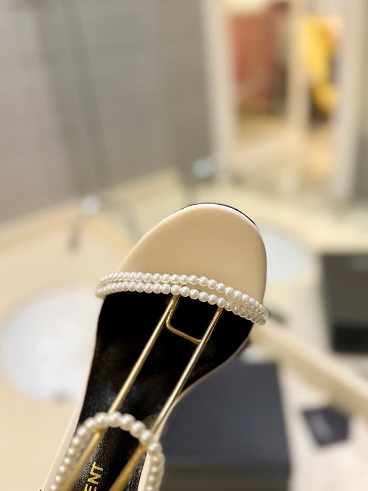 Saint Laurent YSL Pearl Strappy Heeled Sandals in All Black