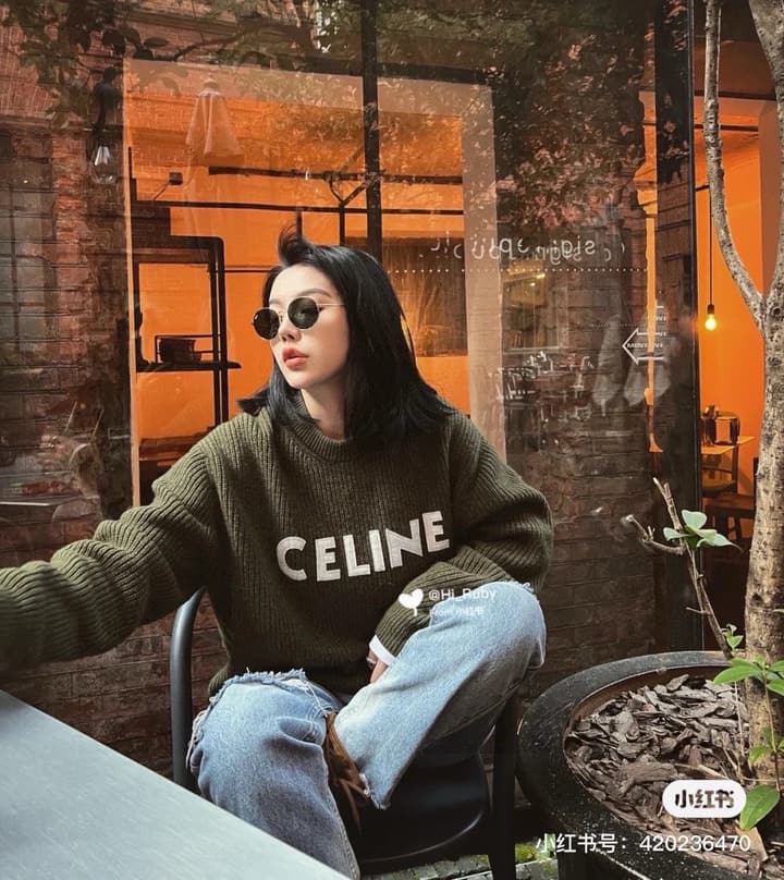 Celine Classic Embroidered Crewneck Sweater in Army Green