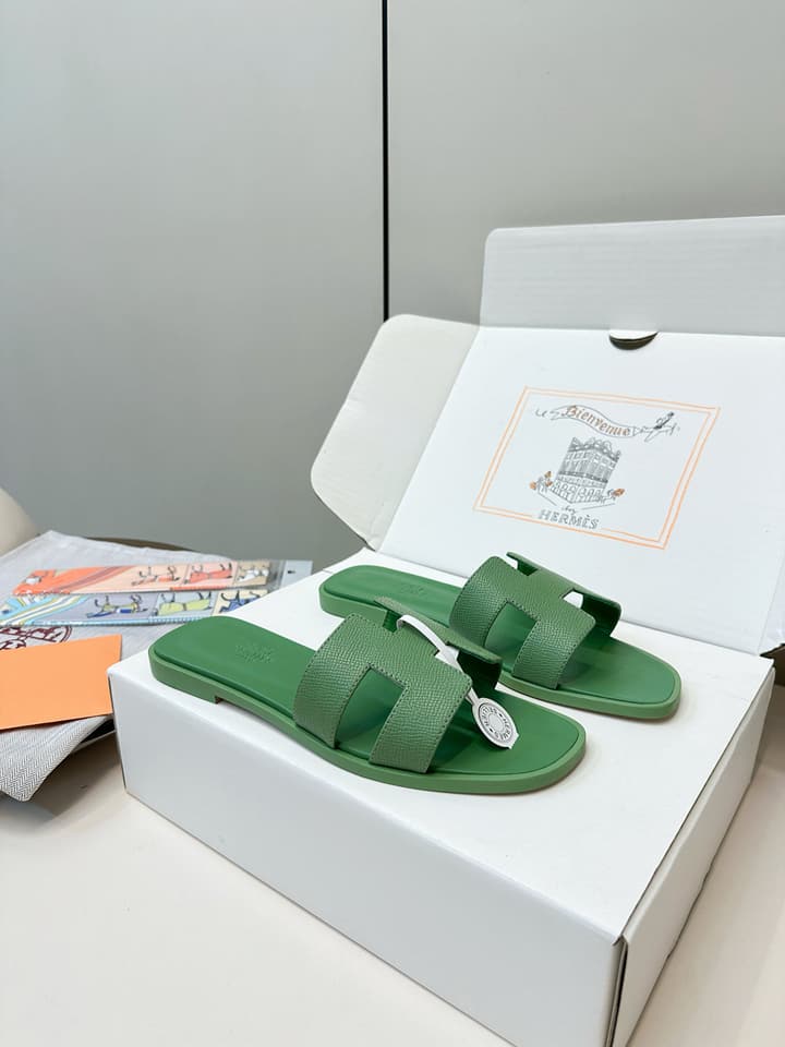 Hermès Palm Grain H-Slides in Bright Green