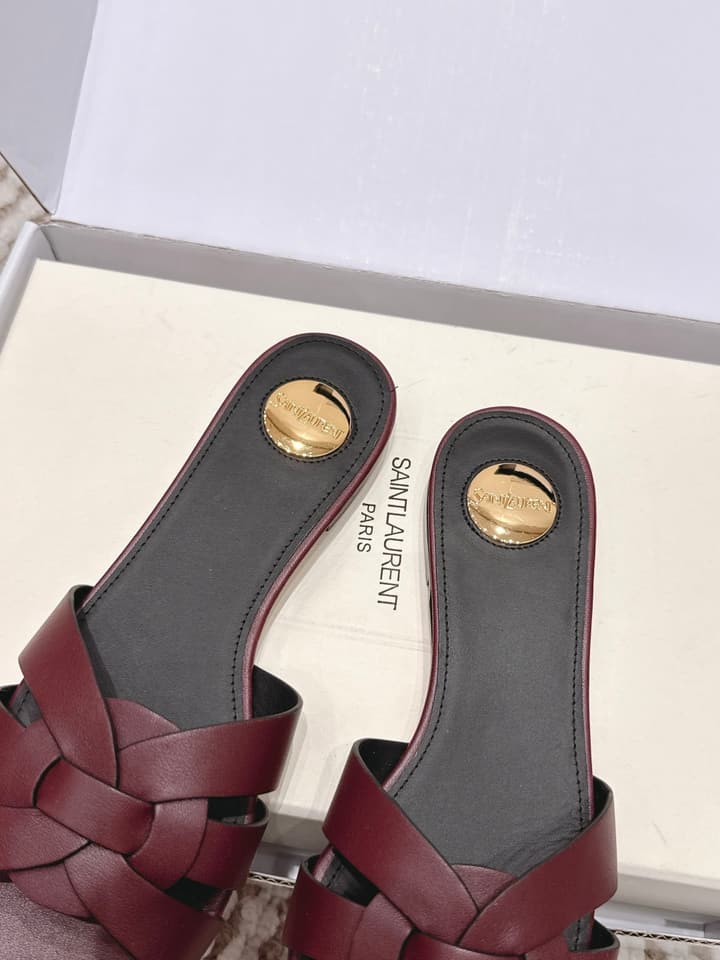 Saint Laurent Melody Square Toe Flat Sandals – 2026SS in Burgundy Patent