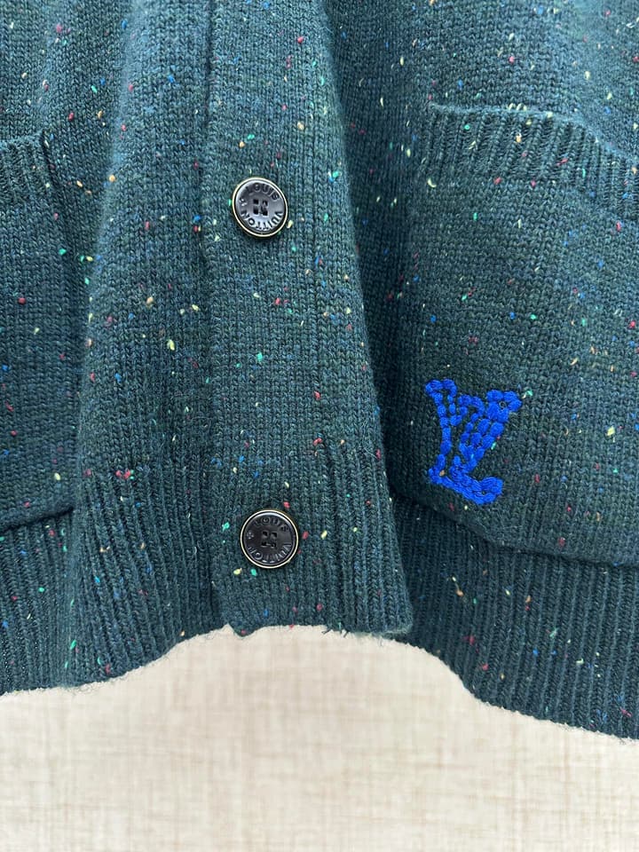 Louis Vuitton Speckled Cashmere V-Neck Cardigan in Deep Green Speckled Cashmere