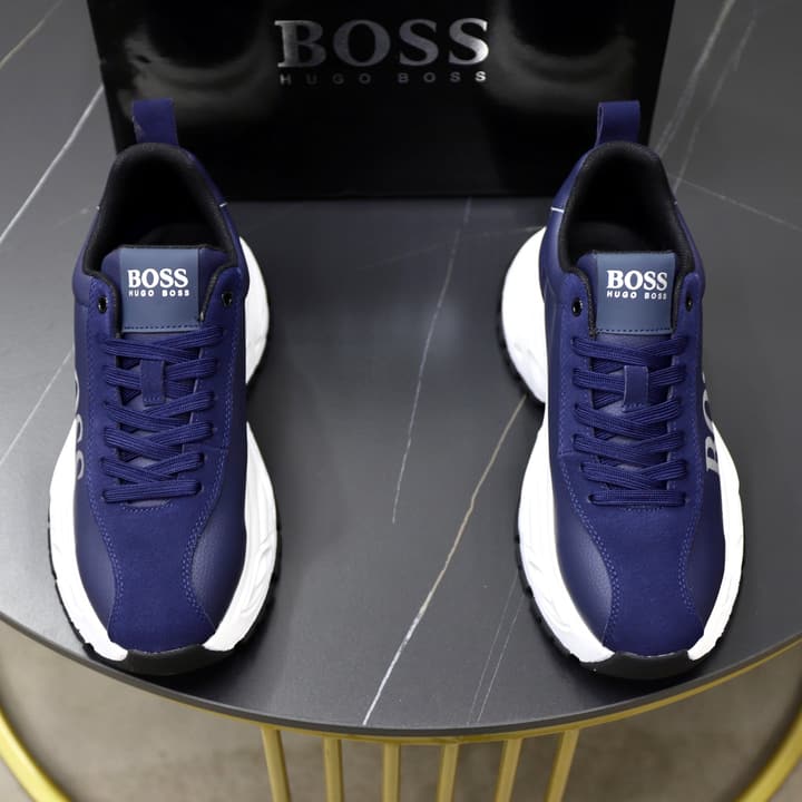 Boss Men's Luxury Running Sneakers in Black Mesh With White Sole