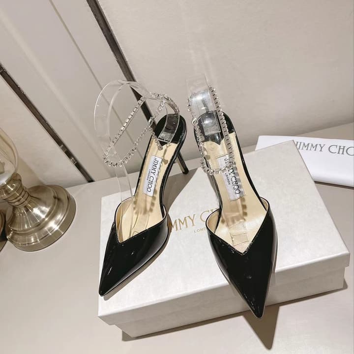 Jimmy Choo Rhinestone and Pearl Embellished Sandals – 2025 Collection in Black Patent