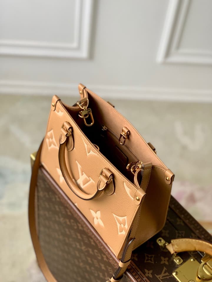 Louis Vuitton OnTheGo Small Tote Bag in Light Tan Embossed Monogram