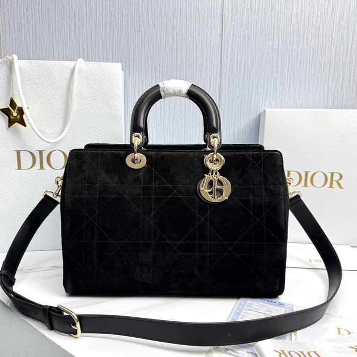 Dior Lady Dior Large Deerskin Tote Bag in Black Suede