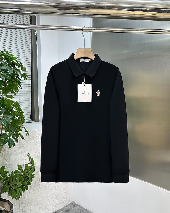 Moncler Classic Embroidered Long Sleeve Polo Shirt – 2025 Fall Collection in Black