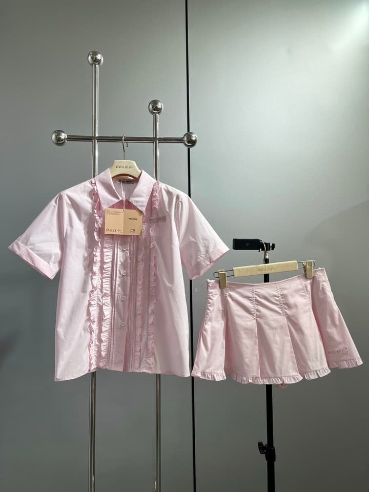 Miu Miu Embroidered Ruffle Shirt and Pleated Skort Set in Pink